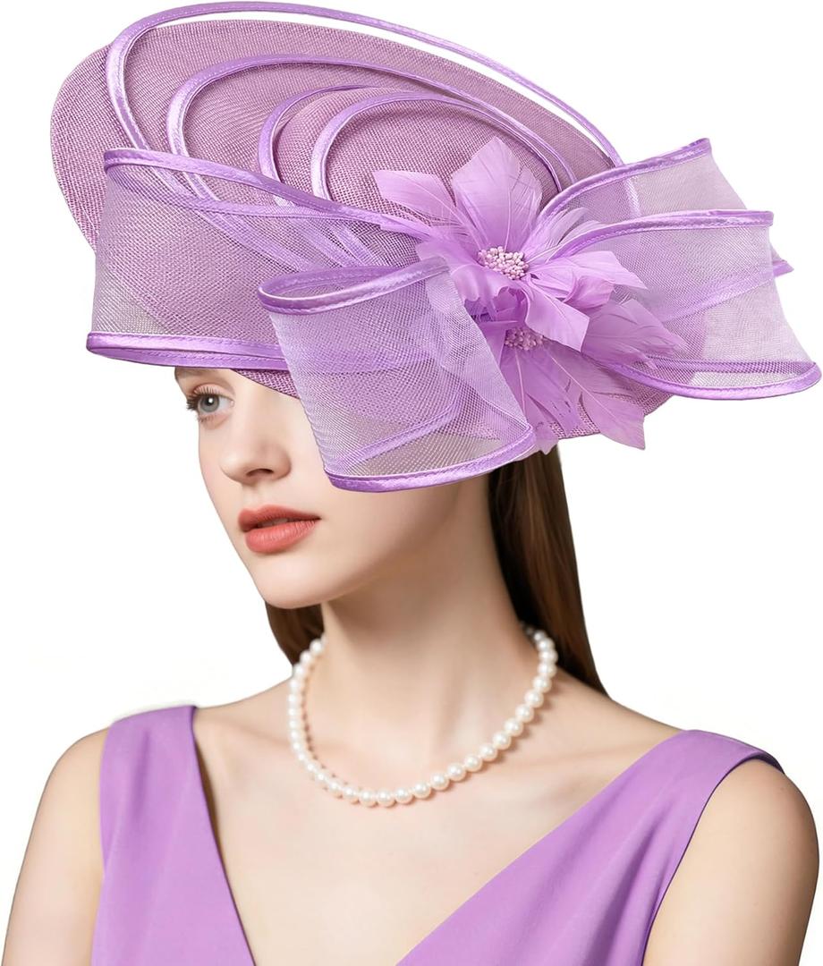 Dressfan Womens Church Derby Fascinator Hats,20s 50s Linen Feather Vintage Feather Wedding Tea Party Derby Hats (Purple)