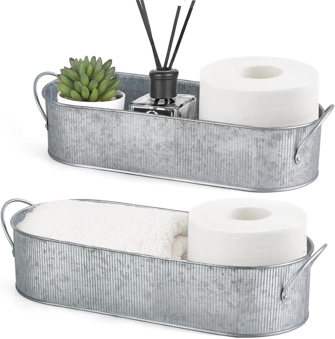 Mkono Metal Storage Basket for Toilet Tank Top Bathroom Decor, Galvanized Tray with Handle for Shelves, Farmhouse Toilet Paper Holder Organizing Bin Box for Countertop Living Room, Set of 2, Silver