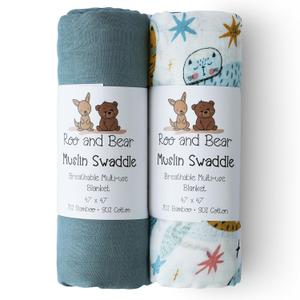 Muslin Swaddle Blankets for Newborn Baby, Buttery Soft and Breathable Receiving Blanket Bamboo Rayon and Cotton Blend, Large Size 47 x 47 Inch, 2 Pack of Blue and Space Cats