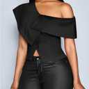 OYOANGLE Women's Off The Shoulder Tops Going Out Summer Trendy T Shirts Button Asymmetric Split Hem Dressy Blouses (Black, L)
