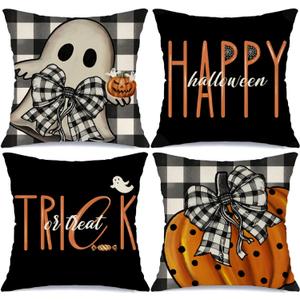 MODOVOS Halloween Pillow Covers 20x20 Set of 4 Buffalo Plaid Spooky Halloween Decorations Polka Dots Pumpkin Throw Pillow Covers Trick or Treat Cushion Case for Sofa Couch