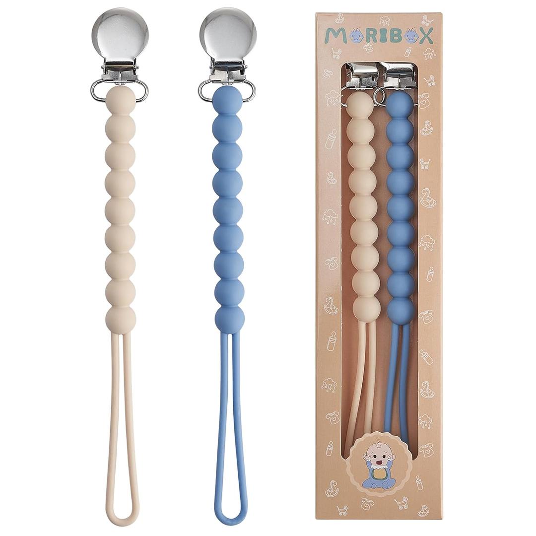 Pacifier Clip for Boys Girls - MORIBOX Paci Clip Soothie Baby Binky Holder for Shower Gift Birthday 2 Pack (Round-Beige&Blue)