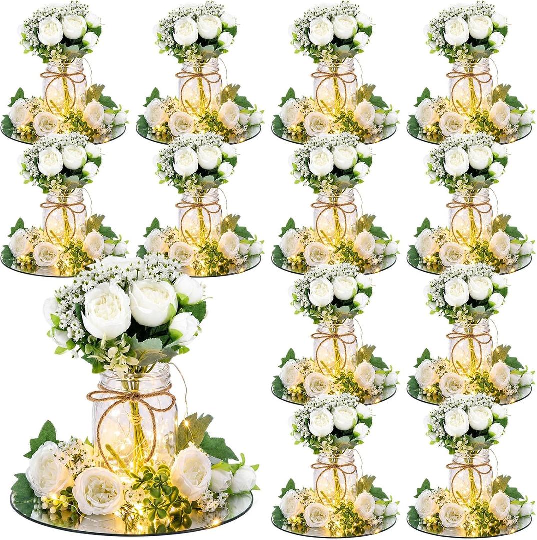 Junkin White 12 Sets Flower Mason Jar Table Centerpieces with LED Light