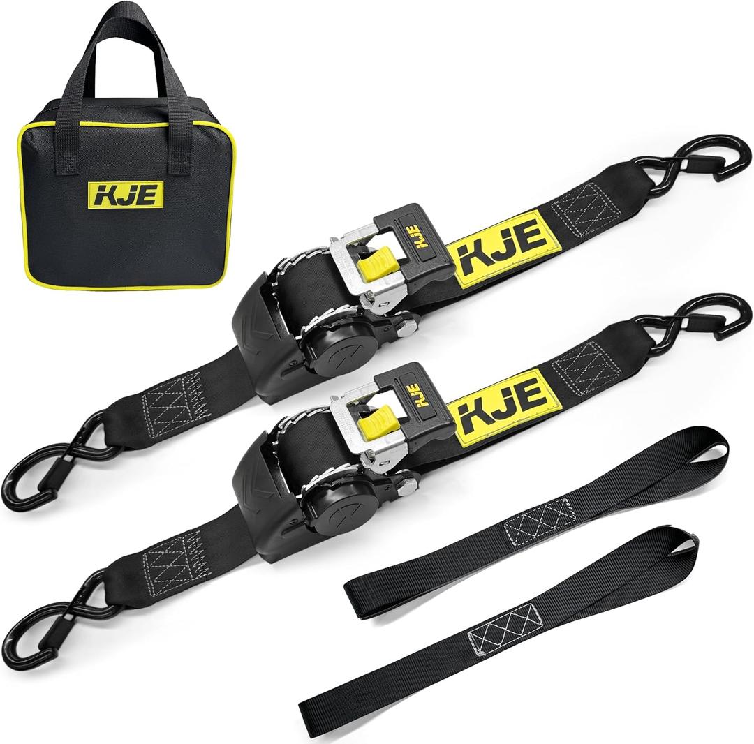 KJE Retractable Ratchet Straps, (2) 2" x 10' Automatic Tie Down Strap Sets + (2) Soft Loops - Heavy Duty 3,300lb Max Break Strength, S-Hook with Clip, Self Retracting Strap for Motorcycle, Kayak, ATVs