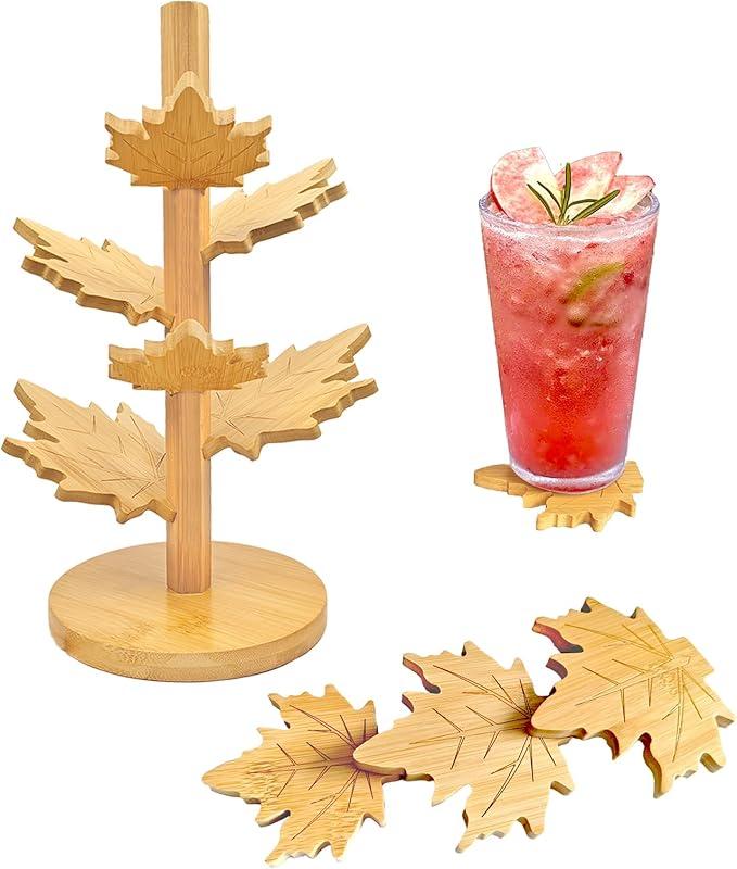 GLYHAOYIZHI 6Pcs Maple Leaf Coaster Tree Hand Polishing Wooden Trivets for Hot Dishes Drink Coasters for Kinds Cups, Small Pot