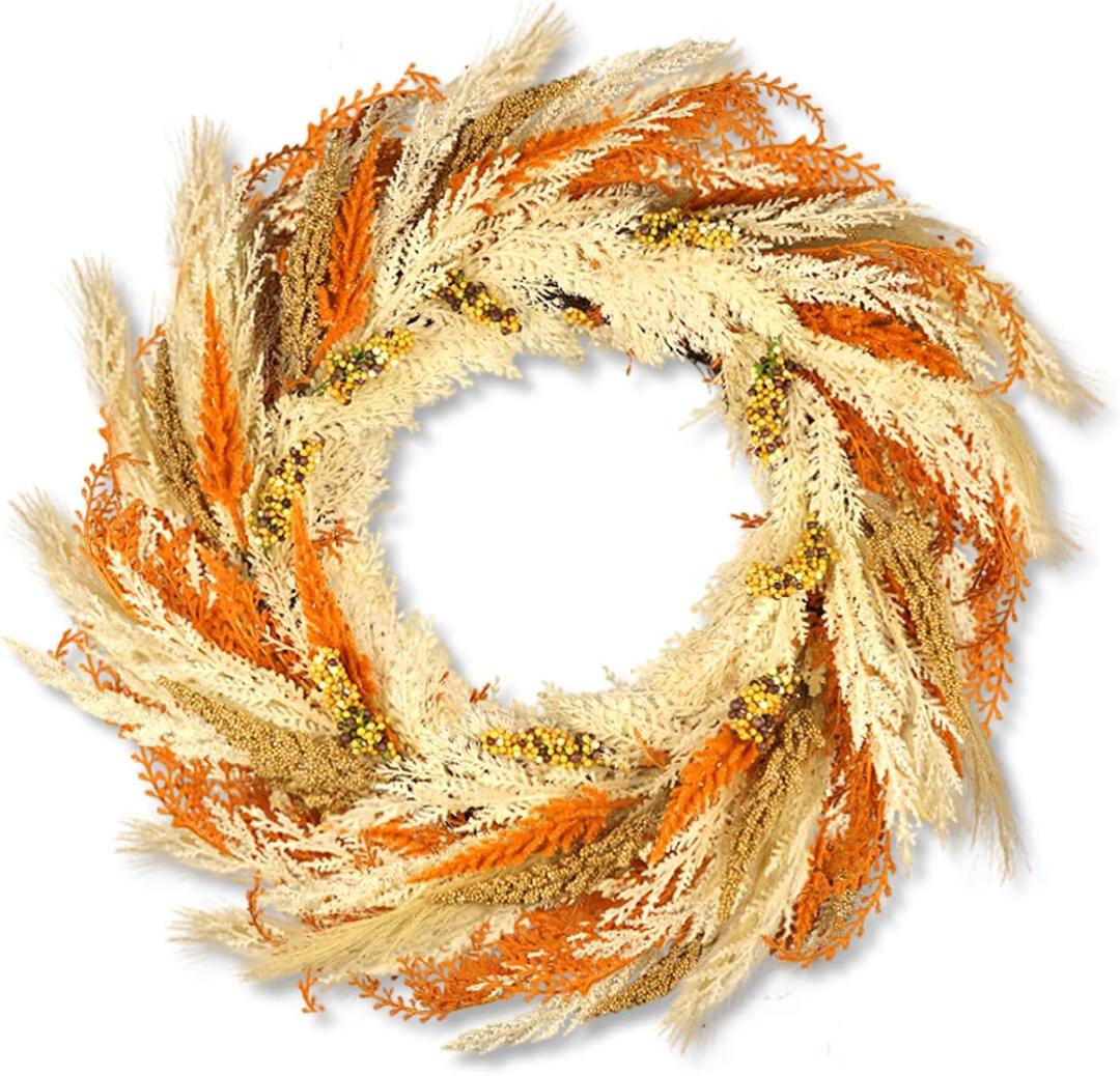 Fall Wreath for Thanksgiving Decorations, 24inch Pampas Wreath for Front Door, Harvest Grain Gold Autumn Wall Decor for Thanksgiving Indoor Outdoor (Pampas Grass Wreath)