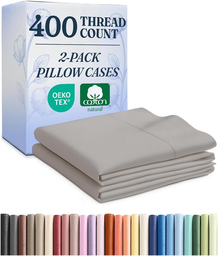 100% Cotton Pillow Cases Queen Size - Cooling, Breathable & Soft Pillowcase Covers Set of 2 - 400 Thread Count Cotton - Wrinkle Free - Machine Washable Protectors - Luxury Hotel Bedding - Light Grey