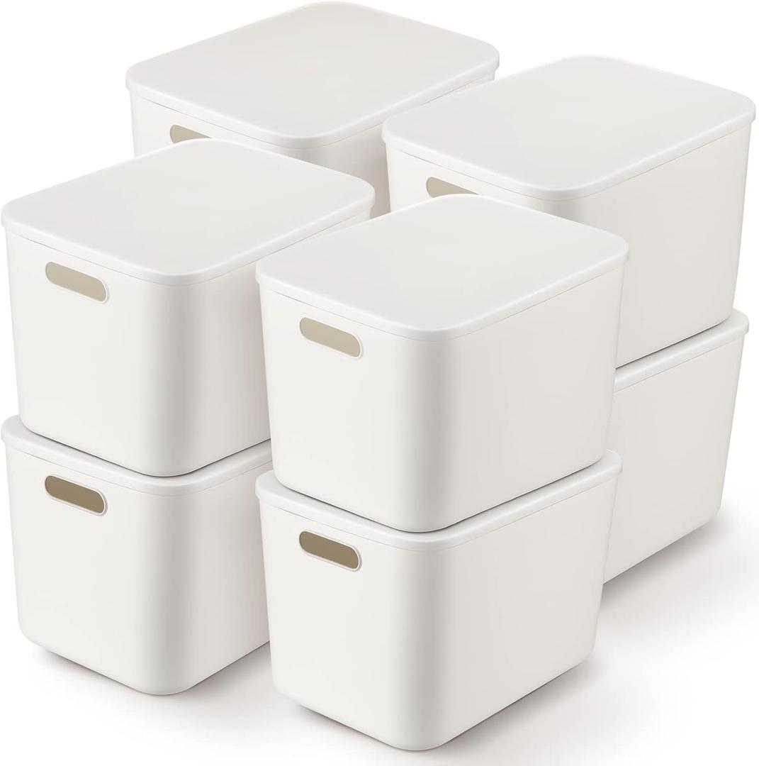 Tuanse 8 Pieces White Plastic Storage Bins with Lids, Stackable Storage baskets with Handle Containers Box for Shelves Drawers Desktop Playroom Classroom Office Organization(14 x 10.5 x 9.6 Inches)