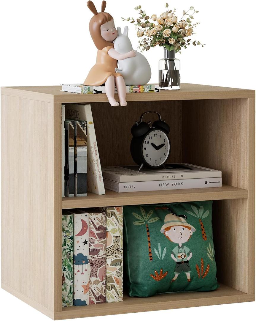 Garden 4 you Cube Storage Organizer Shelf, 2 Tiers Stackable Bookshelf, Wooden Display Bookcase with 2 Cube Storage, Small Storage Cabinet for Living Room Bedroom, Natural (Brown)