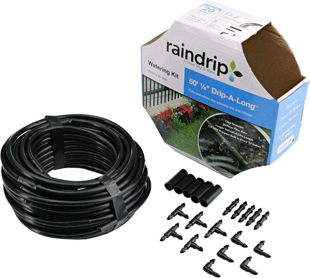 Raindrip R280DT Drip-A-Long 1/4 in. Dripline Kit includes 50 feet of 1/4-Inch Dripline preassembled with 1/2 GPH drippers, 5 Barbed Tees, 5 Barbed Elbows, 5 Barbed Couplings, 5 End Plugs (No Timer)