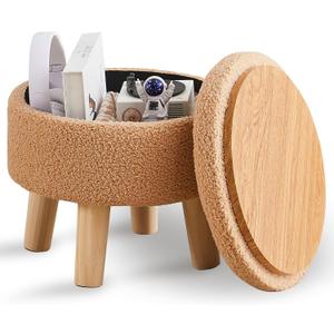 Wimarsbon Storage Ottoman, Modern Round Footrest with Soft Padded Seat, Teddy Velvet Footstool with Wood Legs, Accent Small Table or Plant Stand for Hallway, Living Room (Champagne)