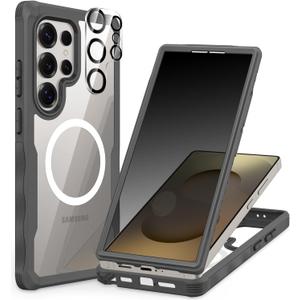 CENHUFO Magnetic Privacy for Samsung Galaxy S25 Ultra Case, Full Body Phone Case with Built-in 9H Tempered Glass Privacy Screen Protector and Camera Lens Cover, Shockproof Protective Bumper - Grey