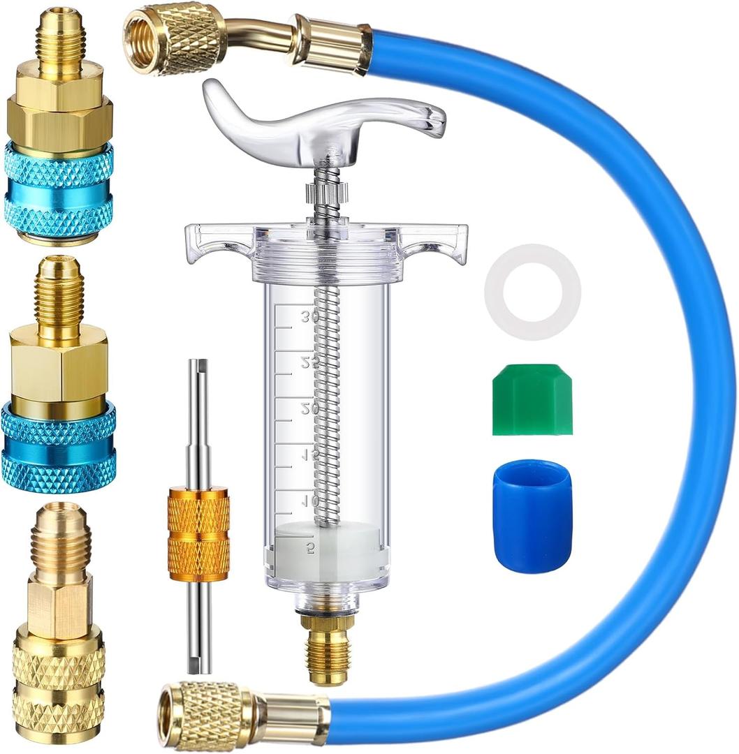 Tellegloww Oil and Dye Injector Kit 1/4 SAE with SAE R134a Oil Injector R1234yf Low Side Quick Coupler R410a Split Adapter Compatible with R134A R22 R12 R1234YF, Hand Push Compressor Manual 1oz/30ml