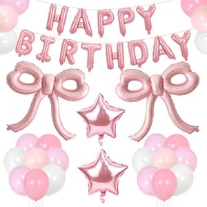 Bow Party Decorations Pink Happy Birthday Balloons Banner Pink Birthday Decorations Bow Balloons for Women Girls Birthday Decor Party Supplies