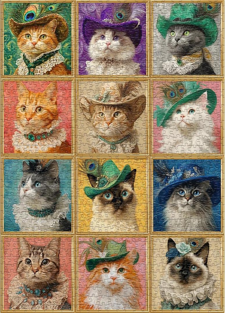 Cat Puzzles for Adults 1000 Pieces, Vintage Kitten Animals Jigsaw Puzzle, Kitty Retro Challenge Puzzle Collage for Cat Lovers