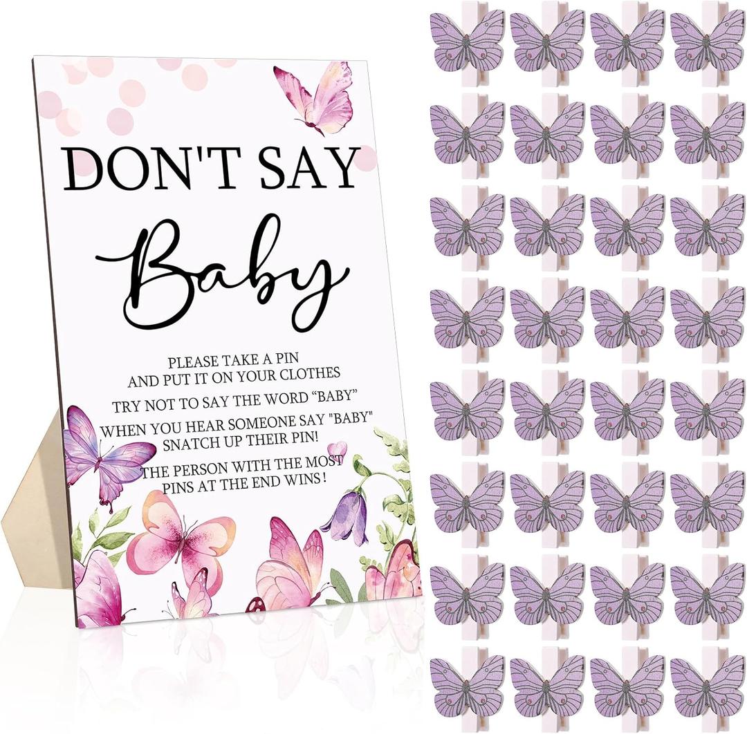 Unittype 51 Pcs Don't Say Baby Shower Game Favors Include Purple Butterfly Theme Baby Shower Sign and 50 Mini Butterfly Clothespins for Boys Girls Gender Reveal Party Supplies