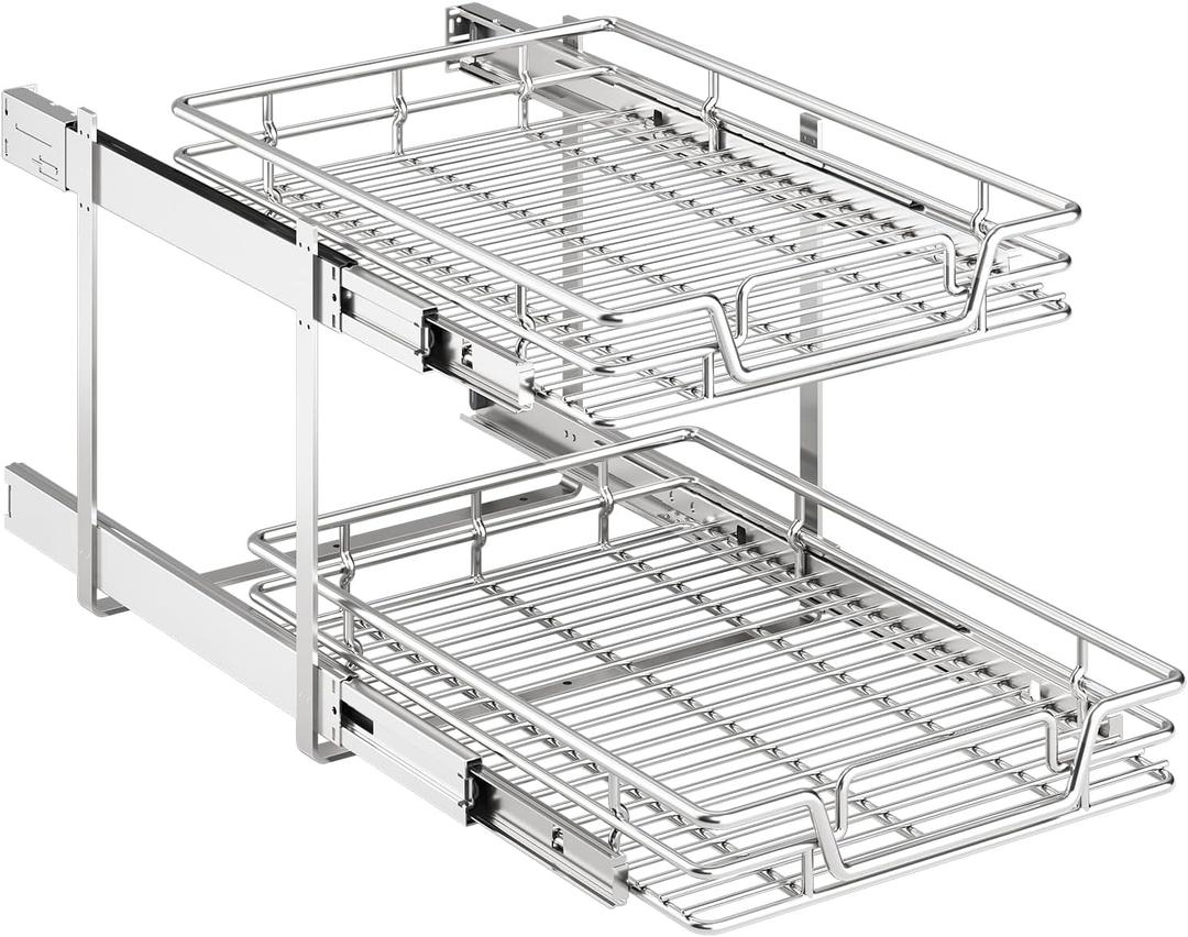2-Tier Kitchen Cabinet Pull Out Shelf and Drawer Organizer Slide Out Pantry Storage Basket in Multiple Sizes (19" W x 21" D)