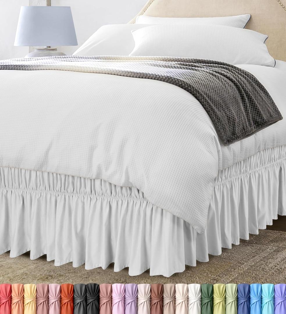 Wrap Around Ruffle Queen Size Bed Skirt Adjustable Buckle & Elastic Belt for Easy Installation, 16 Inch Drop Brushed Microfiber - Machine Washable, Fade and Wrinkle Resistant, White
