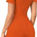 LilyCoco Rompers for Women Button Up Bodycon Short Sleeve Collared Sexy One Piece (Orange, L)