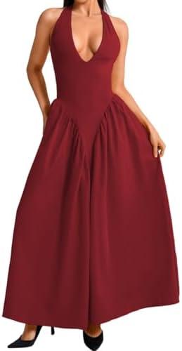 ChiaoLezhee Deep V Neck Dress, Halter Maxi Dresses, Vacation Date Night, Sexy for Women Corset Flowy Wedding Guest Drop Waist Bridesmaid A Line Valentines, Burgundy Red, Medium