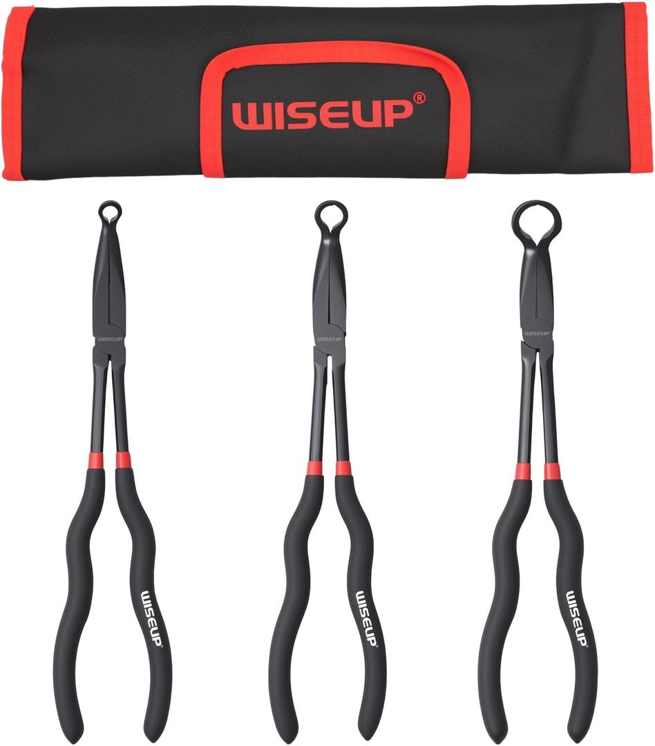WISEUP 3-Piece 11" Long Reach Hose Grip Pliers Set, 5/16-Inch, 1/2-Inch, 3/4-Inch Dia O-shape nose plier for Easy Removal and Installation of Automotive Hoses and Fitting
