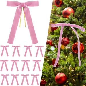 12Pcs Pink Velvet Christmas Tree Bows Ornaments Vintage Velvet Ribbon Bows for Tree Garland Wreath Indoor Outdoor Christmas Decor Xmas Decorations 1'' Wide, 5 * 7 inch