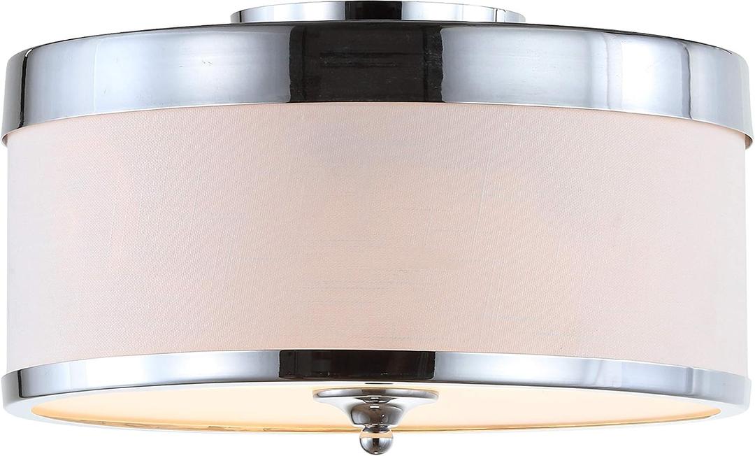 JONATHAN Y 15" Chrome/White 2-Light Iron Flush Mount, Modern Drum Ceiling Light with White Linen Shade, Glam Lighting for Hallway Bedroom Kitchen, UL Listed, LED Bulbs Included JYL9032A