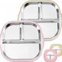 Stainless Steel Kids Plates with Suction, 9.4"X 9” Divided Baby Toddler Plates with Removable Silicone Sleeves, Non-Slip Toddler Plate Unbreakable Metal Toddler Bowls Dinnerware Set of 2 (Pink, Beige)