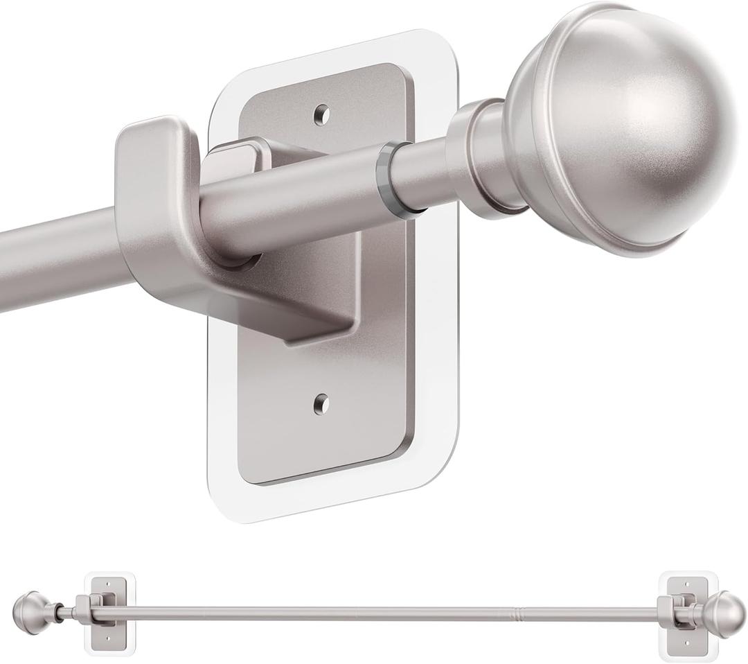 ENJOYBASICS No Drill Curtain Rods for Window 28 to 60 Inches, 5/8 Inch Diameter Renter Friendly Drapery Rod with Adhesive Brackets without Drilling, Adjustable from 27 to 65 Inches, Nickel