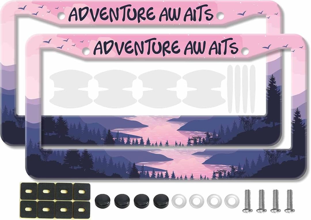 2PCS Pink Adventure Awaits Pattern License Plate Frames for Girl Women - Universal Aluminum Stainless Steel Car Tag Covers Holder with Screws, Caps, Rattle Proof Pads and Handlebar Stickers