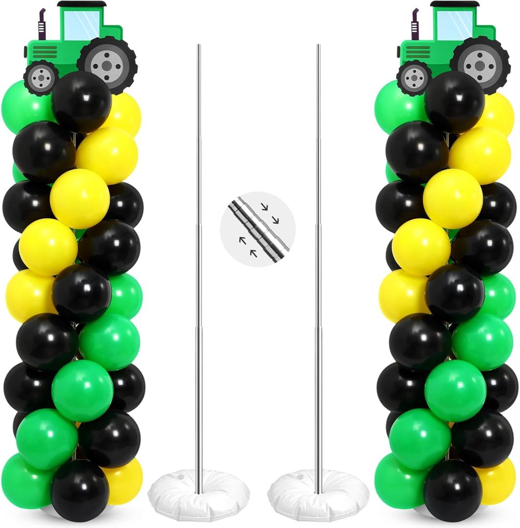 Sosation 2 Set Tractor Balloon Column Stand Kit Green Yellow Black Balloon Tower with 2 Large Tractor Cards 105 Latex Balloons with Adjustable Stands for Farm Birthday Party Decorations