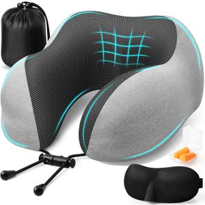 Travel Pillow, Travel Pillows for Sleeping Airplane, Removable Cover Neck Pillow with Adjustable Clasp, Memory Foam Neck Pillow Set with Eye Mask, Earplugs and Storage Bag (Light Grey)
