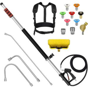 24FT Telescoping Pressure Washer Wand Kit - 2 Extension Poles, Gutter Cleaner, Brush, Pivoting Coupler & 7 Nozzles for Roof, Deck, Vehicle, Sidings