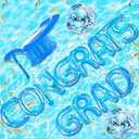 Sumind 15 Pcs Congrats Grad 2025 Pool Float 20" Inflatable Letter Pool Float Glitter Grad Party Decor Graduation Decoration Set with Graduation Beach Ball Hat for Beach(Blue)