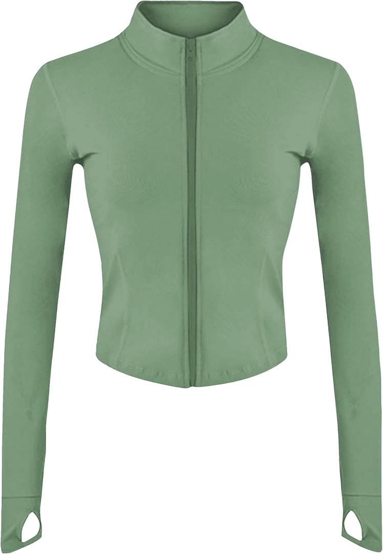 Lviefent Womens Lightweight Full Zip Running Track Jacket Workout Slim Fit Yoga Sportwear with Thumb Holes (Green, M)