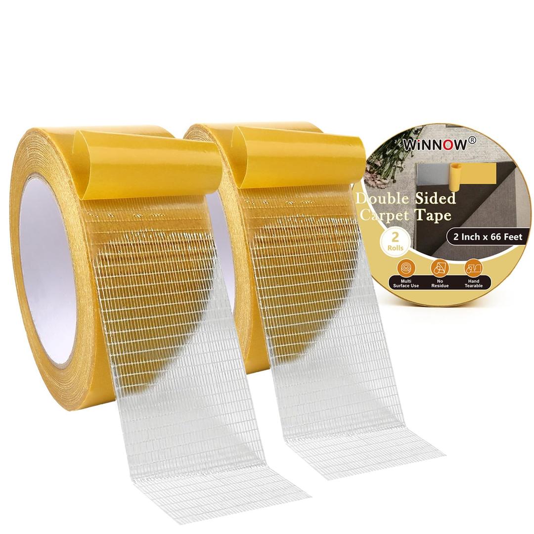 WINNOW Heavy Duty Double Sided Rug Tape 2 Inch x 66 Feet  Carpet Tape Gripper for Wood, Tile & Carpet, NonSlip, Strong Hold, Removable, 2 Rolls