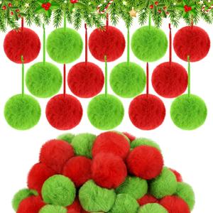 60 Pcs Red Lime Green Furry Christmas Ornaments 2 Inch Pom Pom Ball Hanging Decoration Fuzzy Fluffy Christmas Ornaments for Xmas Tree Wreath Home DIY Craft Party Decor