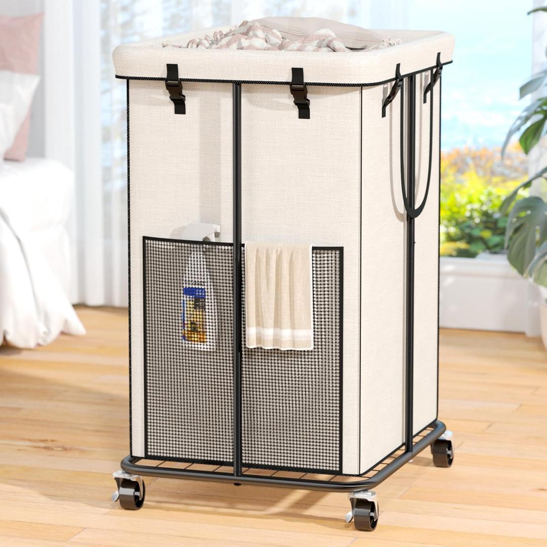 150L Laundry Hamper with Wheels, Rolling Laundry Basket with Metal Frame and Removable Bag, Large & Tall Dirty Clothes Hampers for Bedroom Aesthetic, Laundry Room, Bathroom, Dorm-White (40GAL)