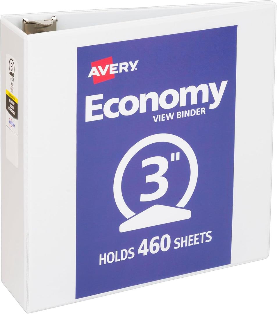 Avery Standard View 3 Ring Binder, 3" Round Rings, 460-Sheet Capacity, 3.5 Inch Wide Spine, 1 White Binder, Ideal for Lightweight Organization and Occasional Referencing (05741)