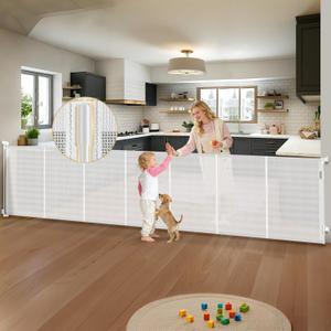 Retractable Baby Gates Extra Wide 200 Inch, 42 Inch Tall Mesh Dog Gate with Reinforcement Rods, Hardware Mounted Safety Gate for Large Openings, Stairs, Garage, Deck, Driveway, Indoor Outdoor, White