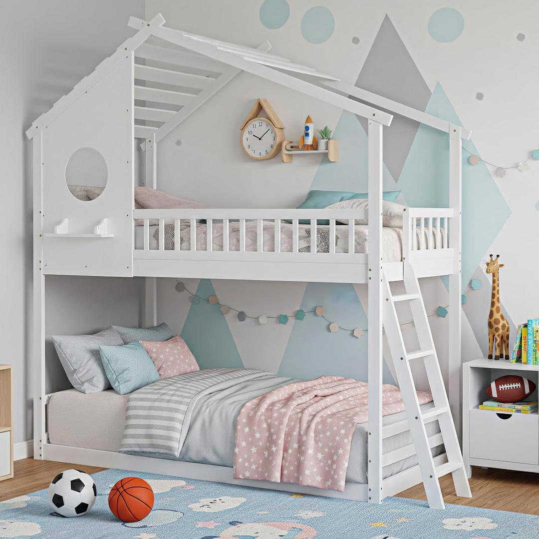 DUMOS Wood Twin Over Twin House Bunk Bed, Loft Bed with Ladder, Safety Guardrail, Wooden Slats & Window, Kids Twin Bed Frame for Teens Juniors, Freely Decorative House Roof (75.2L x 41.7W x 92.5H, White)