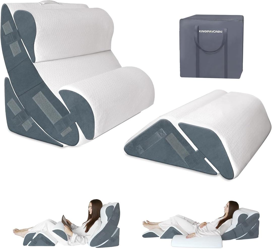 6PCS XL Orthopedic Bed Wedge Pillow for Sleeping, Gel Memory Foam Post Surgery Pillow Set for Back, Neck, Leg Support, Acid Reflux, Gerd, Anti Snoring, with Washable Cover & Travel Bag (White, 24'' W) (6 Piece Set - 24" Wide, White)