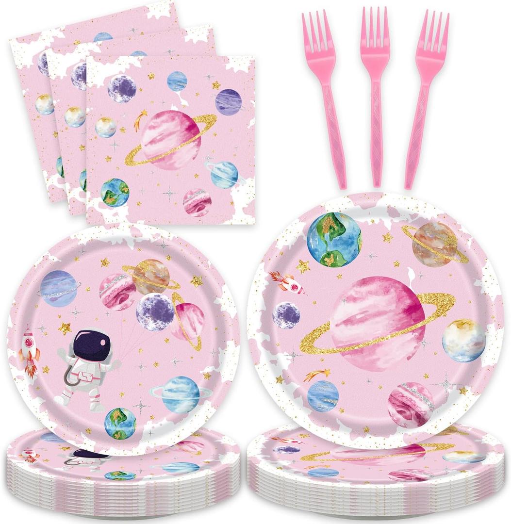 96Pcs Pink Space Birthday Party Supplies,include Dessert plate Plate Napkin And Forks,Used for Galaxy Space Planet Astronauts Party Decoration,Serves 24 Guests (Pink Space)