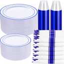 WELLIFE 700 Pcs Blue Plastic Plates for 100 Guests - Plastic Dinnerware Set, Party Supplies Includes 200 Blue Disposable Plates,300 Silverware,100 Napkins,100 Cups