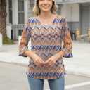 Rapbin 3/4 Length Sleeve Womens Tops Summer Lace Ruffles Sleeve T Shirts V-Neck Dressy Casual Trendy Tunic Blouses (XL)