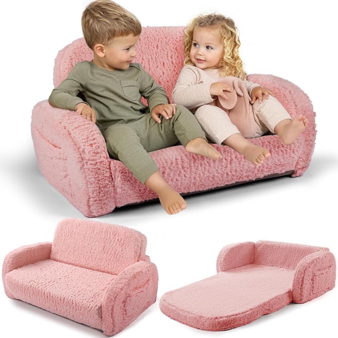2-in-1 Sherpa Fold Out Kids Couch, Extra Wide Comfy Toddler Chair, Convertible Kids Sofa to Lounger, Foldable Toddler Couch with High Density Foam, Modern Kids Sofa Bed for Boys & Girls 3+, Pink