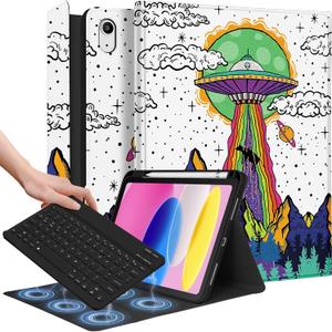 Wazzasoft for iPad 10th Generation Case with Keyboard - for iPad A16 Cases Pencil Holder 10.9 Inch Cover Men Boys Cute Cool Fun Alien Unique Design Funda for Apple Tablet 10th/11th gen (Spaceship)