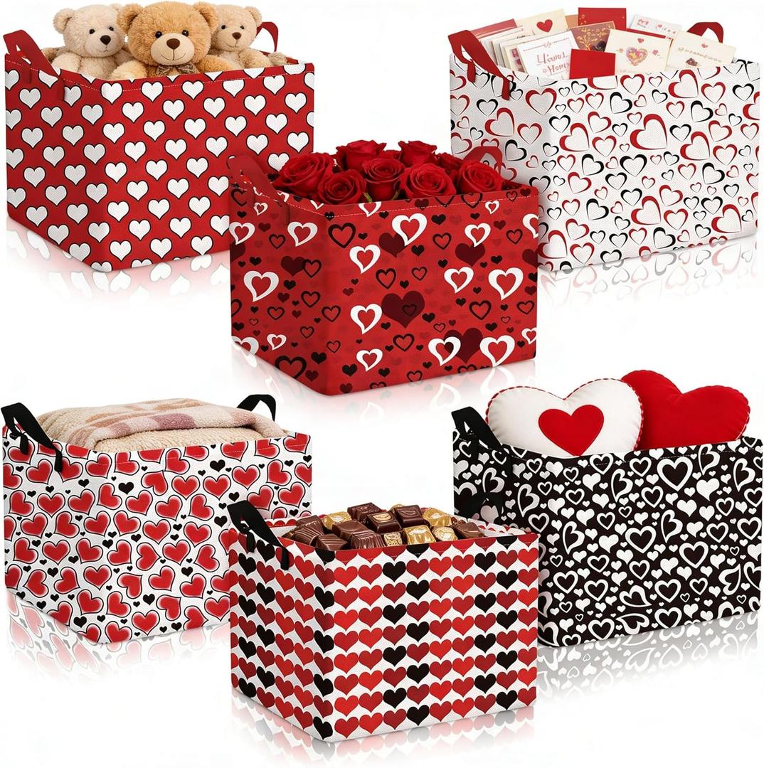 Youyole 6 Pcs Galentine's Day Gifts Basket Set Valentine's Day Storage Bins Red Heart Empty Gifts Basket Organizer with Love Pattern Valentine Decorative Container Box with Handle for Closet Shelf