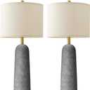 BOBOMOMO 27.25" Travertine Lamp Set of 2, Modern Lamps for Living Room with Linen Shades, Gray Resin Table Lamp with Natural Stone Look, Nightstand Lamp for Bedroom, Living Room, Entryway