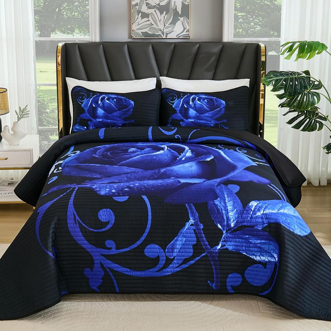 Xruibed Blue Quilt Set Queen Size, 3 Pieces Rose Floral Quilt Set Botanical Bedspread with 2 Pillow Shams, Soft Micorfiber Lightweight Flower Coverlet Bedding Set for All Season (90"x96")